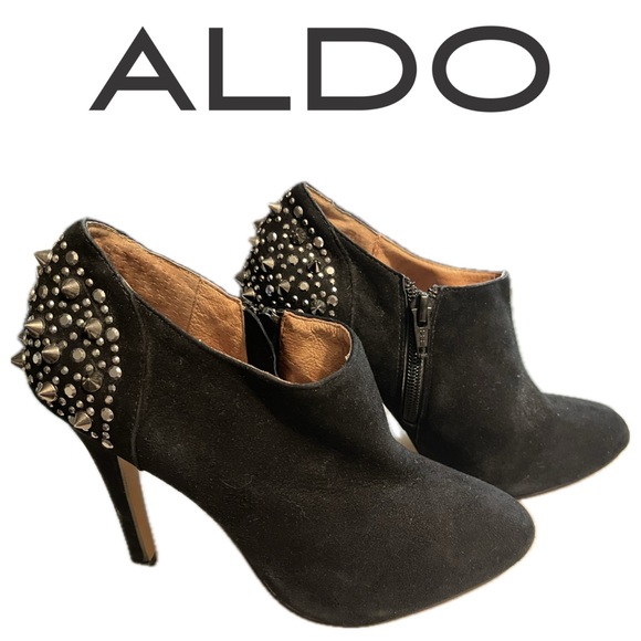 Aldo Frosacc Silver Studded Spiked Black Suede Leather Booties Stilettos Heels 6 - Picture 1 of 14